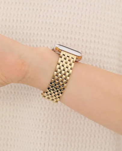 Vista 2 de Correa de reloj de siete eslabones para Apple Watch Series 11, 10, 9, 8, 7, 6, 5, 4, 3, 2, 1 y SE 3/2/1 para mujer, elegante correa de metal de Oro