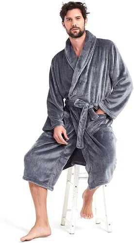 Vista 5 de HOLOVE Bata de baño con capucha de forro polar para hombre, cuello de chal, suave, cálida, de manga larga