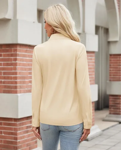 Vista 2 de siliteelon Camisa de manga larga con botones para mujer, estilo casual, para el trabajo, con elástico en 4 direcciones, sin arrugas Beige