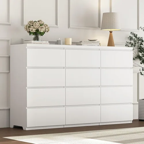 Vista 13 de Cómoda negra de 12 cajones para dormitorio, cómoda moderna con cajones profundos de 63 pulgadas, cómoda de almacenamiento ancha y larga, muebles