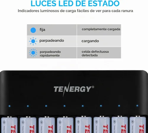 Vista 5 de Tenergy TN477U - Cargador rápido de 8 bahías para baterías recargables NiMH/NiCD AA AAA con 4 unids 2500 mAh AA y 4 pilas recargables AAA de 1000 mAh