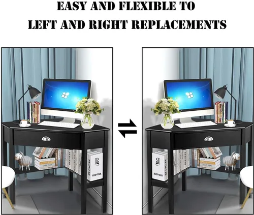 Vista 4 de RELAX4LIFE Escritorio esquinero para computadora triangular con cajón y estantes, mesa estable para computadora portátil, escritorio para oficina