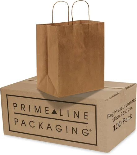 Vista 10 de Prime Line Packaging Bolsas de papel marrones, bolsas de compras medianas con asas para pequeñas empresas, alimentos para llevar, comestibles, venta