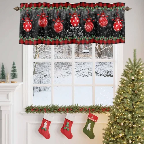 Vista 33 de Cenefa de cortina con lazo rojo de Navidad para ventanas, sala de estar, cocina, baño, granja, bolas de Navidad de acuarela con diseño de bayas