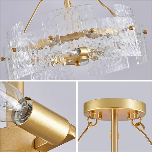 Vista 8 de XINGQI - Lámpara moderna de techo dorado de 16 pulgadas, 4 luces de techo de vidrio ondulado de agua para dormitorio, comedor, sala de estar 15.7