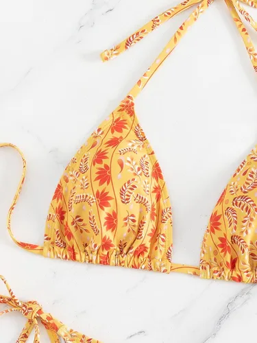 Vista 5 de OYOANGLE Conjunto de bikini de 2 piezas para mujer, estampado floral, triángulo, halter con lazo lateral, traje de baño