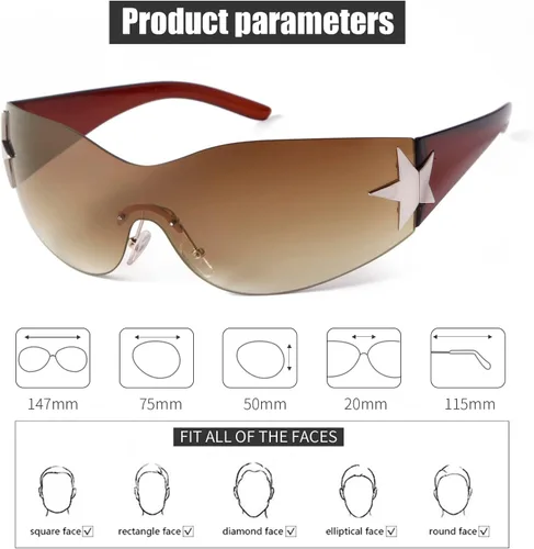 Vista 3 de SORVINO Lentes de sol Y2K sin montura para mujeres y hombres, diseño de escudo futurista de moda, de gran tamaño de los años 2000, con estrellas