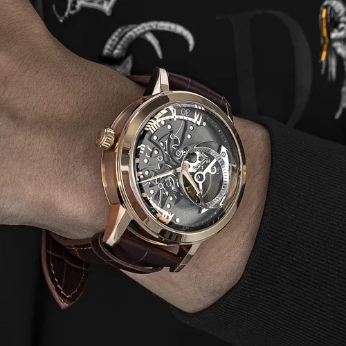 Vista 5 de OBLVLO Relojes de oro rosa de lujo para hombre, esfera esquelética, relojes automáticos, correa de cuero VM-1