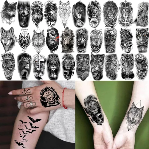 Vista 4 de 60 hojas de tatuajes temporales 3D de león y tigre geniales para hombres y mujeres, tatuajes falsos pequeños y aterradores de diablo, calavera