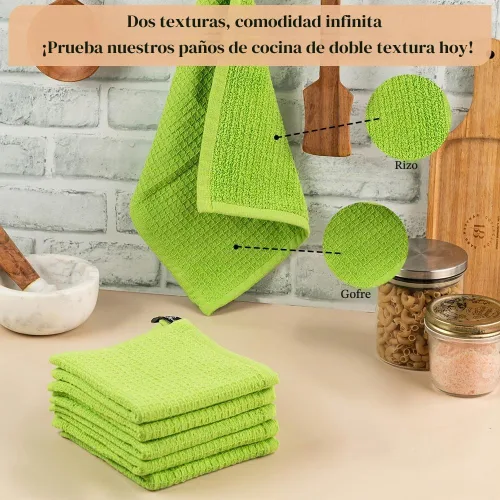 Vista 3 de Paños de limpieza de platos de cocina, paños de cocina con diseño de toalla de gofre, trapos de algodón lavables de 12 x 12 pulgadas para secar