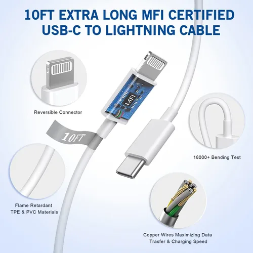 Vista 3 de Cargador rápido para iPhone, [certificado MFi] Paquete de 2 cables USB C a Lightning de 10 pies + cargador USB C de 20 W PD USB C adaptador de carga