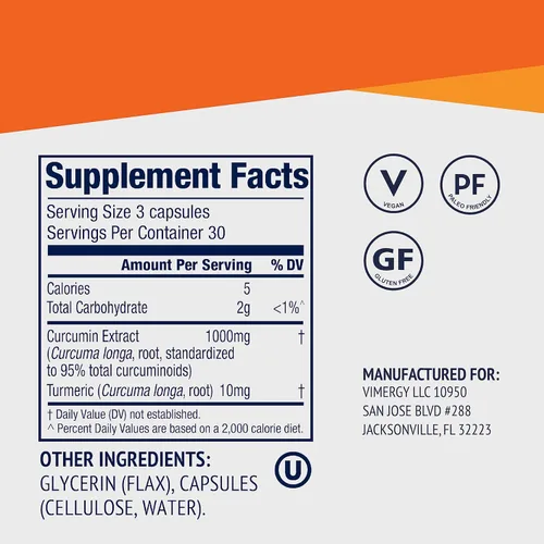 Vista 4 de Vimergy Curcumina con suplemento de cúrcuma, 1000 mg de extracto/porción de curcumina - Cápsulas líquidas - Sin OMG, sin gluten, kosher, vegano