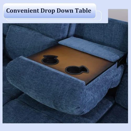 Vista 6 de Juego de sofá reclinable de 2 piezas de tela de microfibra, juego de muebles de sala de estar, sofá reclinable y sofá biplaza con portavasos y Azul