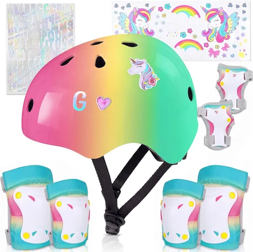 Vista 8 de Casco para niños, casco de bicicleta para niños pequeños con pegatinas DIY Unicornio, rodilleras y coderas ajustables, juego de protección para Rosa