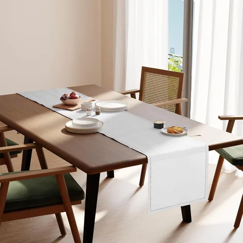 Vista 2 de Encasa XO Camino de mesa de comedor de 13 x 59 pulgadas, diseño de dobladillo de algodón puro, blanco, lavable a máquina
