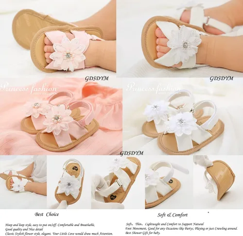 Vista 4 de GDSDYM Sandalias de verano para bebés y niñas con lazo de flores, suela suave, para vestido de boda, zapatos planos para recién nacidos, primeros
