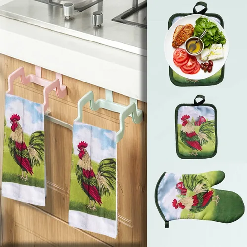 Vista 6 de Lobyn Paquete económico: ropa de cocina rústica de gallo y granero rojo de 4 piezas, 2 toallas (15 x 25), 1 agarradera (6 x 9) y 1 guante de horno