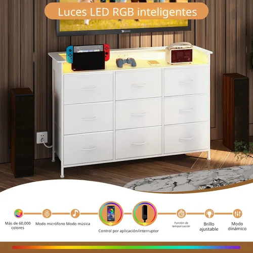 Vista 4 de EXOTICA Cómoda blanca con luz LED para dormitorio, 9 cajones con estación de carga, cómoda para entrada, armario, sala de estar, pasillo, marco