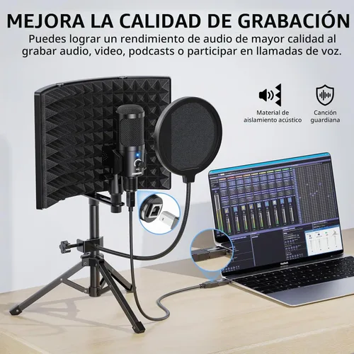 Vista 3 de Protector de aislamiento de micrófono de grabación de estudio con filtro pop y kit de tres soportes, grabación de música, micrófonos de condensador