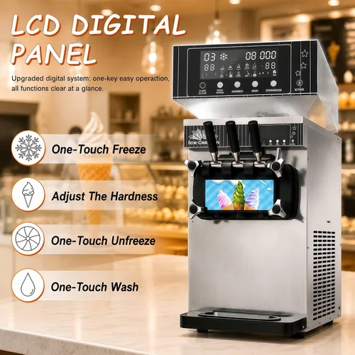 Vista 3 de Commercial Soft Ice Cream Machine, 3 Flavors Electric Soft Ice Cream Maker, Stainless Steel, 1300W LED Display, Desktop Type,15-21L/H, for Bars Gray