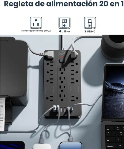 Vista 2 de JouleLoom Regleta protectora de sobretensiones, 14 tomas de corriente y 6 puertos USB, cable de extensión de enchufe plano de 6 pies, 1850 julios