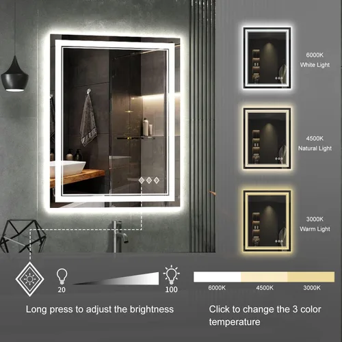 Vista 5 de LED Bathroom Mirror, 24x32 Inch Gradient Front and Backlit Vanity Mirror with Lights, 3 Colors Dimmable CRI>90 Double Lights, IP54 Enhanced