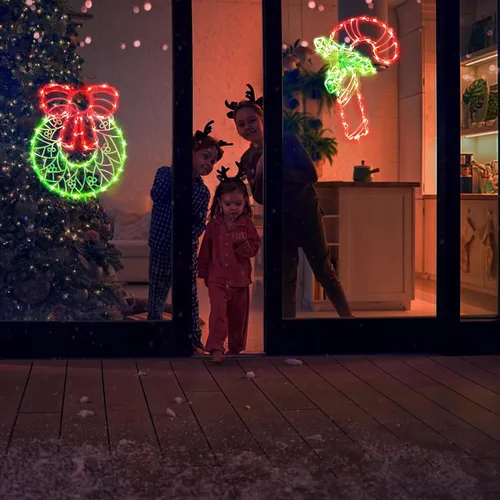 Vista 3 de Decoraciones navideñas iluminadas para ventanas, paquete de 2 luces de silueta de ventana de Navidad enchufables para Navidad, fiesta, hogar, patio