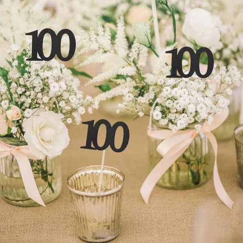 Vista 4 de Paquete de 10 palitos de centro de mesa de aniversario con purpurina de doble cara para cumpleaños número 100, decoración de mesa para cumpleaños