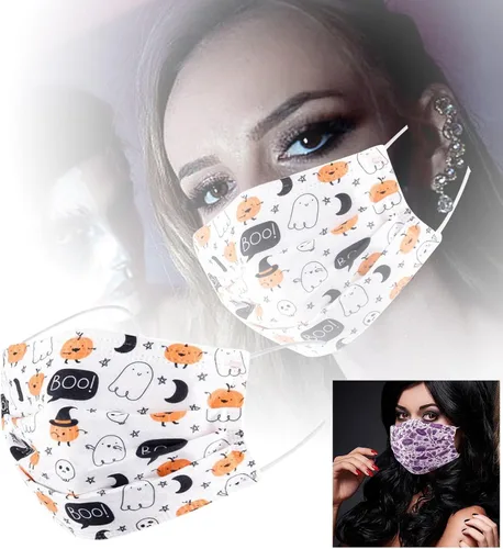 Vista 4 de 50 cubrebocas desechables de Halloween para adultos, uso diario, 3 capas, cubrebocas protectores con diseño de calabaza para regalo de fiesta