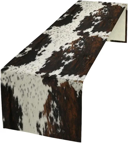 Vista 59 de Camino de mesa con estampado de piel de vaca, lino y algodón, rústico, estilo occidental, color negro, marrón, piel de vaca, para decoración
