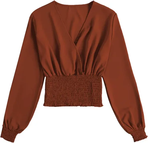 Vista 3 de LYANER Blusa corta de manga larga con cuello en V y volantes para mujer
