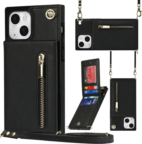 Vista 8 de Funda compatible con iPhone 13 de 6.1 pulgadas, a prueba de golpes, bolsillo con cremallera, correa de hombro, elegante funda protectora para iPhone
