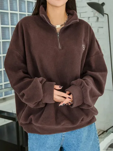 Vista 4 de Floerns Sudadera de manga larga con cordón en el dobladillo para mujer, de gran tamaño, media cremallera