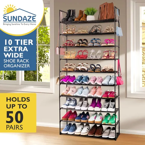 Vista 3 de Sundaze Zapatero de metal de 10 niveles para entrada de puerta delantera, organizador de zapatos alto resistente para armario, dormitorio, entrada