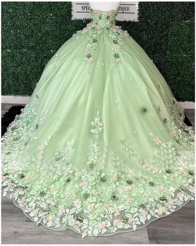 Vista 5 de XYAYE Vestidos de quinceañera de novia para mujer, vestidos de baile de flores en 3D, vestido de fiesta de encaje, sin tirantes, de tul dulce 15 16