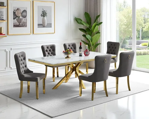 Vista 15 de Juego de mesa de comedor de mármol para 6, mesa de cocina rectangular de mármol blanco de 68 pulgadas con patas en X de acero inoxidable dorado