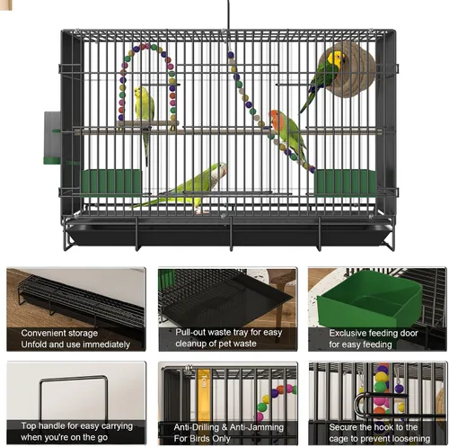 Vista 8 de Jaula para pájaros de 20 pulgadas, plegable, mediana y pequeña, jaulas para loros, canarios, cacatúas, agapornis, pinzones, conures, jaula de metal