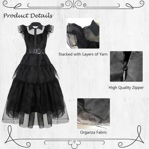Vista 4 de CFNRHEOU Wednesday Addams Dress for Kids Girls,Family Party Dress Up Cosplay Outfit Gothic Dress Halloween Costumes with Hair