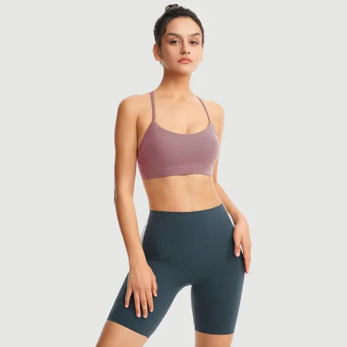 Vista 5 de Sujetadores deportivos acolchados para mujer, brasier deportivo sexy de línea larga entrecruzada, brasier deportivo de soporte medio con tirantes