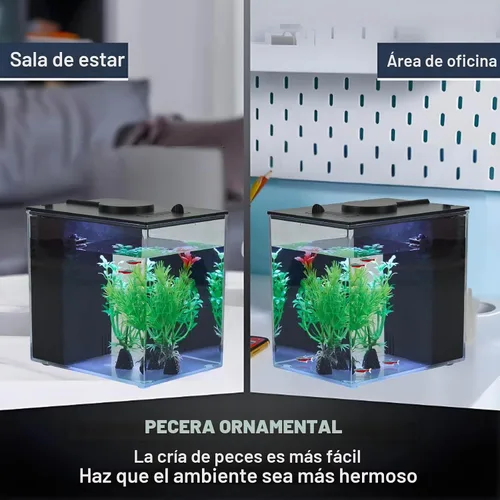 Vista 2 de Mini pecera Betta Aquarium Starter Kits Multifuncional Escritorio con botón de interruptor LED Kit de acuario blanco, 1 galón (negro)