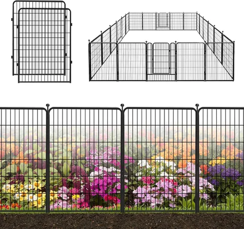 Vista 16 de Valla decorativa de metal negro para jardín con puerta, 4.5 pies de largo x 32 pulgadas de alto, 2 paneles de valla sin excavación, valla de barrera
