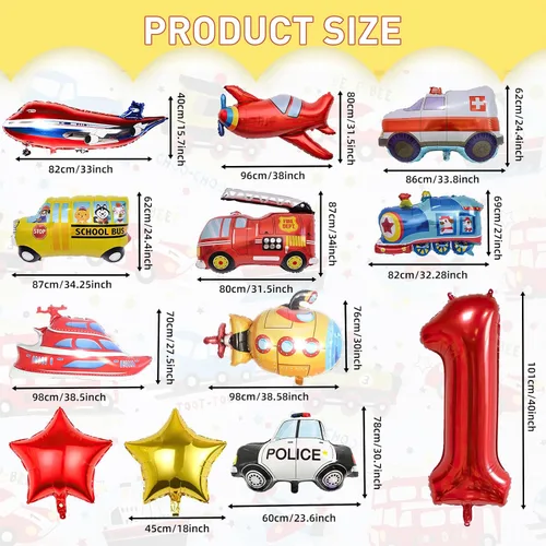 Vista 2 de 12 piezas de globos de aluminio con números de cumpleaños en forma de camión de transporte, avión, autobús escolar, camión de bomberos, coche