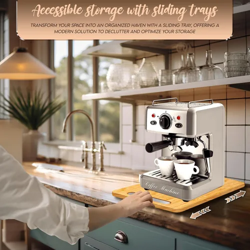 Vista 7 de Bandeja deslizante de bambú para cafetera y electrodomésticos de cocina pesados con ruedas giratorias debajo del gabinete, organizador