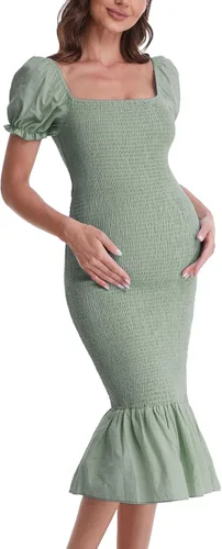 Vista 4 de Vestido de maternidad de verano a media pierna, manga corta abombada, cuello cuadrado, dobladillo con volantes, vestido de sirena para baby shower