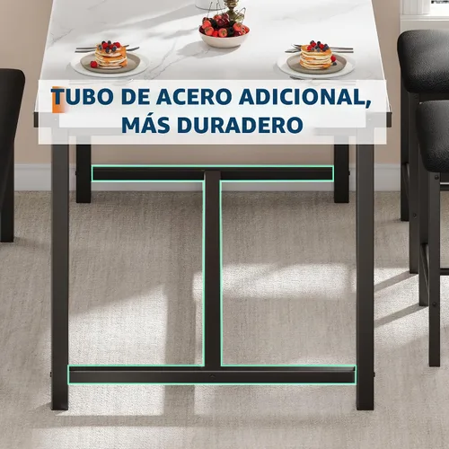 Vista 3 de Juego de mesa de comedor de madera Garvee para 4, mesa de cocina y 2 sillas tapizadas con banco, juego de comedor rectangular, para espacios Mármol