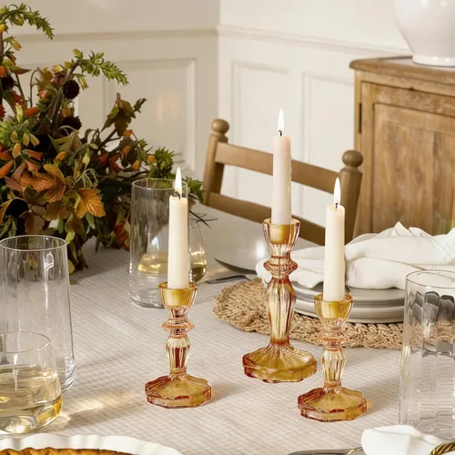 Vista 3 de Juego de 3 portavelas de cristal, diseño de rayas ámbar para centro de mesa, decoración del hogar, boda y fiesta