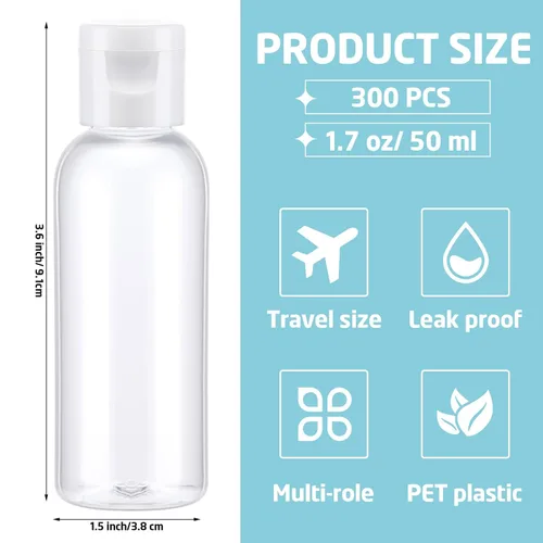 Vista 2 de Maxdot 300 botellas vacías de desinfectante de manos de 1.7 onzas/1.7 fl oz, botellas recargables de plástico con tapa abatible, mini recipientes