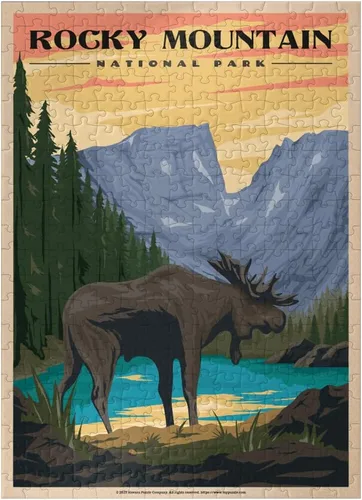 Vista 7 de MyPuzzle Rocky Mountain National Park - Alce en el amanecer rocoso, póster de viaje vintage, rompecabezas de 100 piezas para adultos