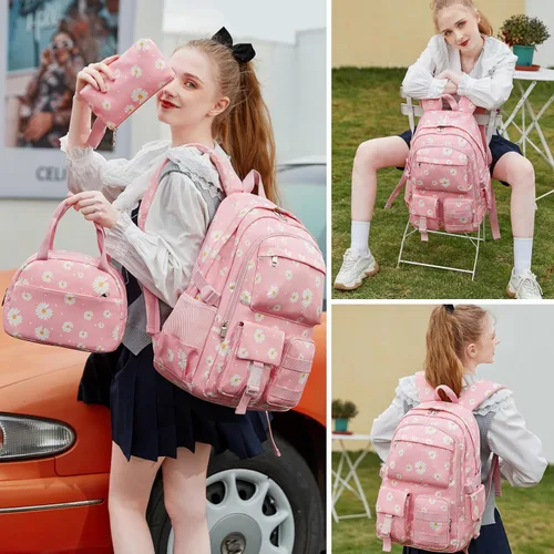 Vista 6 de Daisy - Mochila escolar para niñas, con lonchera, juego de bolsa de libros, mochilas para adolescentes y niñas