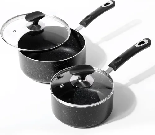 Vista 6 de Cacerola antiadherente con tapa, sartén antiadherente de 1 cuarto y 2 cuartos y 3 cuartos con asa de silicona, pequeña olla de leche con tapa